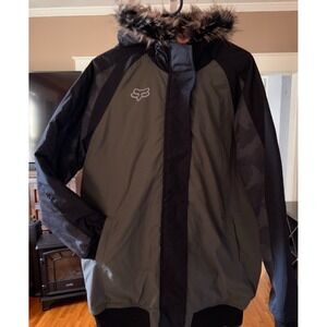 Fox Racing Jacket Large Olive Green Faux Fur Hood Camo Quilted Neon Lining Moto